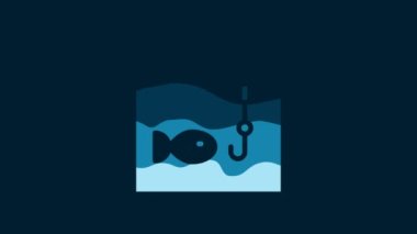 White Fishing hook under water with fish icon isolated on blue background. Fishing tackle. 4K Video motion graphic animation.