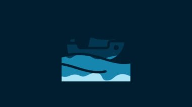 White Fishing boat on water icon isolated on blue background. 4K Video motion graphic animation.