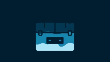 White Case or box container for wobbler and gear fishing equipment icon isolated on blue background. Fishing tackle. 4K Video motion graphic animation.