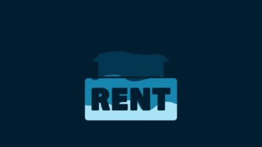 White Hanging sign with text Rent icon isolated on blue background. Signboard with text For Rent. 4K Video motion graphic animation.