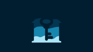 White House with key icon isolated on blue background. The concept of the house turnkey. 4K Video motion graphic animation.