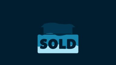 White Hanging sign with text Sold icon isolated on blue background. Sold sticker. Sold signboard. 4K Video motion graphic animation.