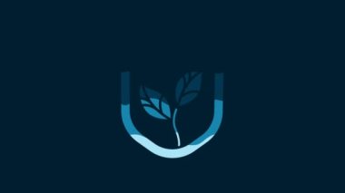 White Shield with leaf icon isolated on blue background. Eco-friendly security shield with leaf. 4K Video motion graphic animation.