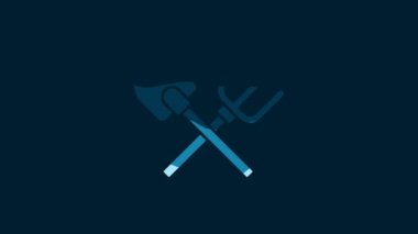 White Shovel and rake icon isolated on blue background. Tool for horticulture, agriculture, gardening, farming. Ground cultivator. 4K Video motion graphic animation.