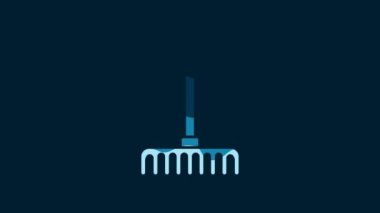 White Garden rake icon isolated on blue background. Tool for horticulture, agriculture, farming. Ground cultivator. 4K Video motion graphic animation.
