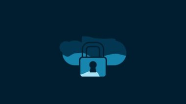 White Cloud computing lock icon isolated on blue background. Security, safety, protection concept. Protection of personal data. 4K Video motion graphic animation.