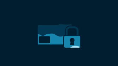 White Folder and lock icon isolated on blue background. Closed folder and padlock. Security, safety, protection concept. 4K Video motion graphic animation.