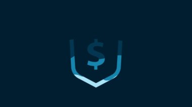 White Shield with dollar symbol icon isolated on blue background. Security shield protection. Money security concept. 4K Video motion graphic animation.