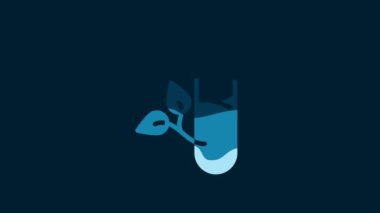 White Laboratory glass and leaves icon isolated on blue background. Chemical test tube with leaf. Eco Lab. 4K Video motion graphic animation.