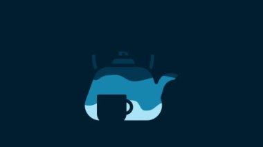 White Traditional tea ceremony icon isolated on blue background. Teapot with cup. 4K Video motion graphic animation.
