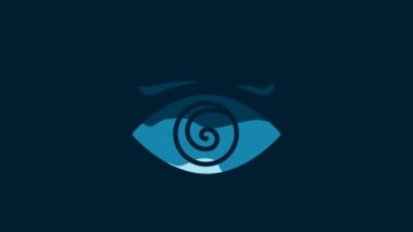 White Hypnosis icon isolated on blue background. Human eye with spiral hypnotic iris. 4K Video motion graphic animation.