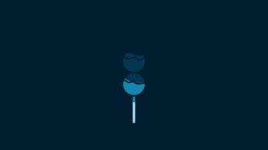White Takoyaki on a stick icon isolated on blue background. Japanese street food. 4K Video motion graphic animation.