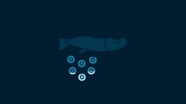 White Fish with caviar icon isolated on blue background. 4K Video motion graphic animation.