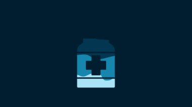 White Medicine bottle and pills icon isolated on blue background. Medical drug package for tablet, vitamin, antibiotic, aspirin. 4K Video motion graphic animation.