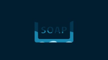 White Bar of soap icon isolated on blue background. Soap bar with bubbles. 4K Video motion graphic animation.