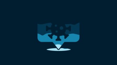 White Corona virus 2019-nCoV on location icon isolated on blue background. Bacteria and germs, cell cancer, microbe, fungi. 4K Video motion graphic animation.