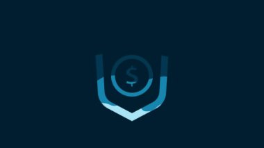 White Shield with dollar symbol icon isolated on blue background. Security shield protection. Money security concept. 4K Video motion graphic animation.