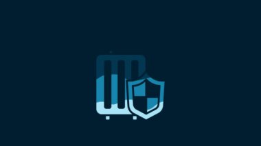 White Travel suitcase with shield icon isolated on blue background. Traveling baggage insurance. Security, safety, protection, protect concept. 4K Video motion graphic animation.