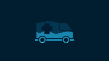 White Ambulance and emergency car icon isolated on blue background. Ambulance vehicle medical evacuation. 4K Video motion graphic animation.