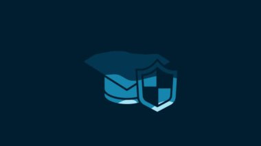 White Graduation cap with shield icon isolated on blue background. Insurance concept. Security, safety, protection, protect concept. 4K Video motion graphic animation.