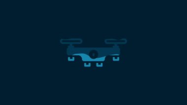 White Drone flying icon isolated on blue background. Quadrocopter with video and photo camera symbol. 4K Video motion graphic animation.