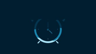 White Alarm clock icon isolated on blue background. Wake up, get up concept. Time sign. 4K Video motion graphic animation.
