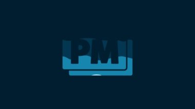 White Clock PM icon isolated on blue background. Time symbol. 4K Video motion graphic animation.