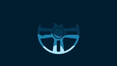 White Alloy wheel for a car icon isolated on blue background. 4K Video motion graphic animation.