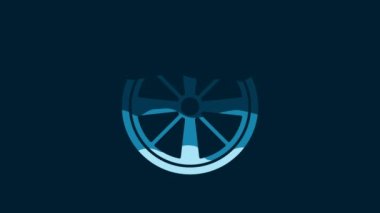 White Alloy wheel for a car icon isolated on blue background. 4K Video motion graphic animation.
