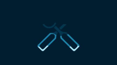 White Dental inspection mirror and explorer scaler icon isolated on blue background. Tool dental checkup. 4K Video motion graphic animation.