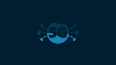 White 5G new wireless internet wifi connection icon isolated on blue background. Global network high speed connection data rate technology. 4K Video motion graphic animation.