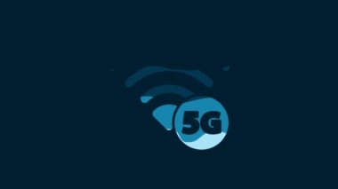 White 5G new wireless internet wifi connection icon isolated on blue background. Global network high speed connection data rate technology. 4K Video motion graphic animation.