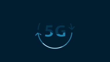 White 5G new wireless internet wifi connection icon isolated on blue background. Global network high speed connection data rate technology. 4K Video motion graphic animation.
