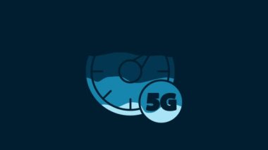 White Digital speed meter concept with 5G icon isolated on blue background. Global network high speed connection data rate technology. 4K Video motion graphic animation.