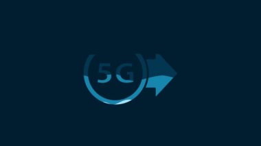 White 5G new wireless internet wifi connection icon isolated on blue background. Global network high speed connection data rate technology. 4K Video motion graphic animation.