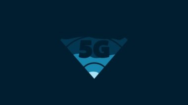 White 5G new wireless internet wifi connection icon isolated on blue background. Global network high speed connection data rate technology. 4K Video motion graphic animation.