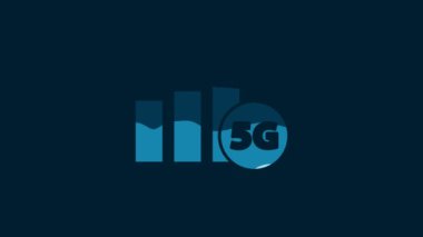 White 5G new wireless internet wifi connection icon isolated on blue background. Global network high speed connection data rate technology. 4K Video motion graphic animation.