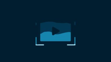 White Online play video icon isolated on blue background. Film strip with play sign. 4K Video motion graphic animation.