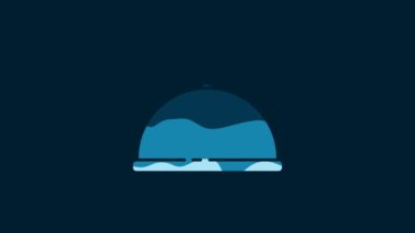 White Covered with a tray of food icon isolated on blue background. Tray and lid. Restaurant cloche with lid. Kitchenware symbol. 4K Video motion graphic animation.