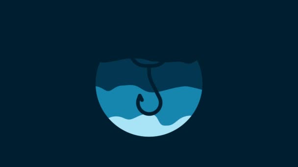 Иконка Белый Крючок Выделена Синем Фоне Рыболовные Снасти Видеографическая Анимация — стоковое видео