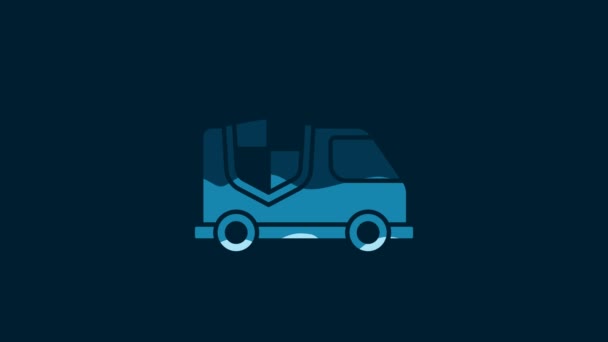 白色轿车与盾牌图标隔离在蓝色背景 保险概念 保护概念 4K视频运动图形动画 — 图库视频影像