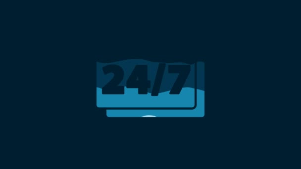 青色の背景に隔離されたホワイトクロック24時間アイコン 丸一日アイコン 24時間サービスシンボル 4Kビデオモーショングラフィックアニメーション — ストック動画
