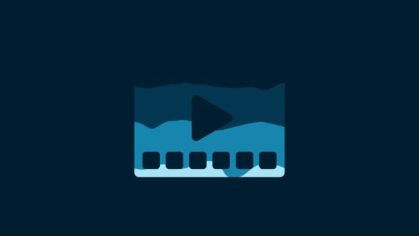 白い再生青の背景に隔離されたビデオアイコン プレイサイン付きのフィルムストリップ 4Kビデオモーショングラフィックアニメーション — ストック動画
