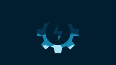 White Gear and lightning icon isolated on blue background. Electric power. Lightning bolt sign. 4K Video motion graphic animation.
