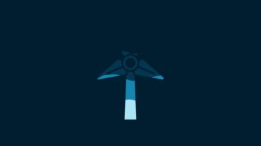 White Wind turbine icon isolated on blue background. Wind generator sign. Windmill for electric power production. 4K Video motion graphic animation.