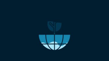 White Earth globe and plant icon isolated on blue background. World or Earth sign. Geometric shapes. Environmental concept. 4K Video motion graphic animation.