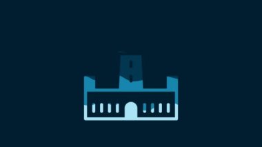 White Montjuic castle icon isolated on blue background. Barcelona, Spain. 4K Video motion graphic animation.