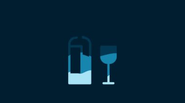 White Wine bottle with glass icon isolated on blue background. 4K Video motion graphic animation.