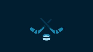 White Ice hockey sticks and puck icon isolated on blue background. Game start. 4K Video motion graphic animation.