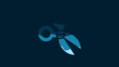 White Scissors icon isolated on blue background. Cutting tool sign. 4K Video motion graphic animation.